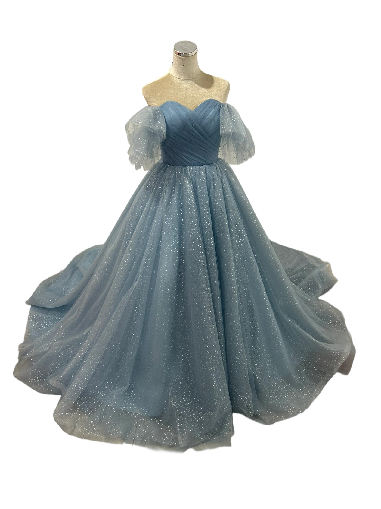 カラードレス ブルー キラキラグリッターチュール 編み上げ 前撮り 結婚式 爽やかで優しいブルー