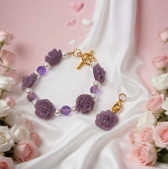 《アメジスト・ローズ》くすみカラー/パープル/薔薇/アメジスト/コットンパール/薔薇マンテルブレスレット/ブローチセット 1枚目の画像