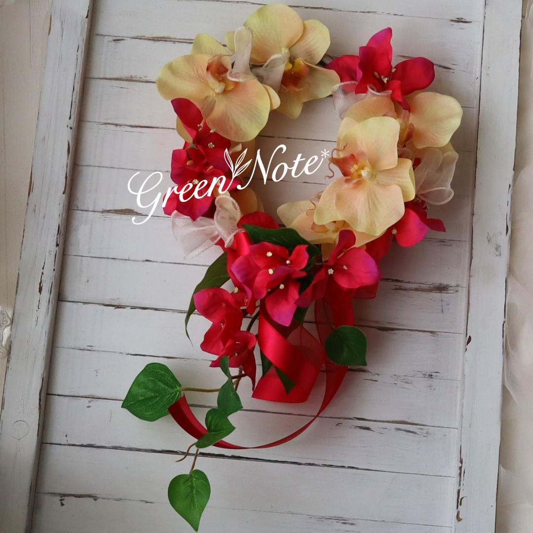 ずっときれい！華やかなブーゲンビリアと胡蝶蘭におリボンのリース　玄関　インテリア