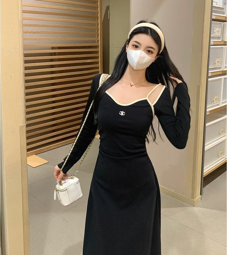 大きいサイズ レディース ワンピース　重ね着風　春 秋冬 新品 長袖　ブラック