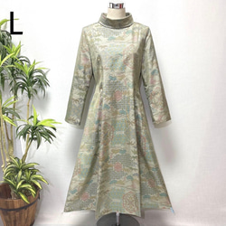 着物リメイク 大島紬花柄ワンピース Aライン 2WAY ロング リボン付き