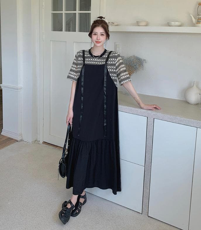 大きいサイズ レディース ワンピース　ロング　春夏 秋 新品 半袖　重ね着風