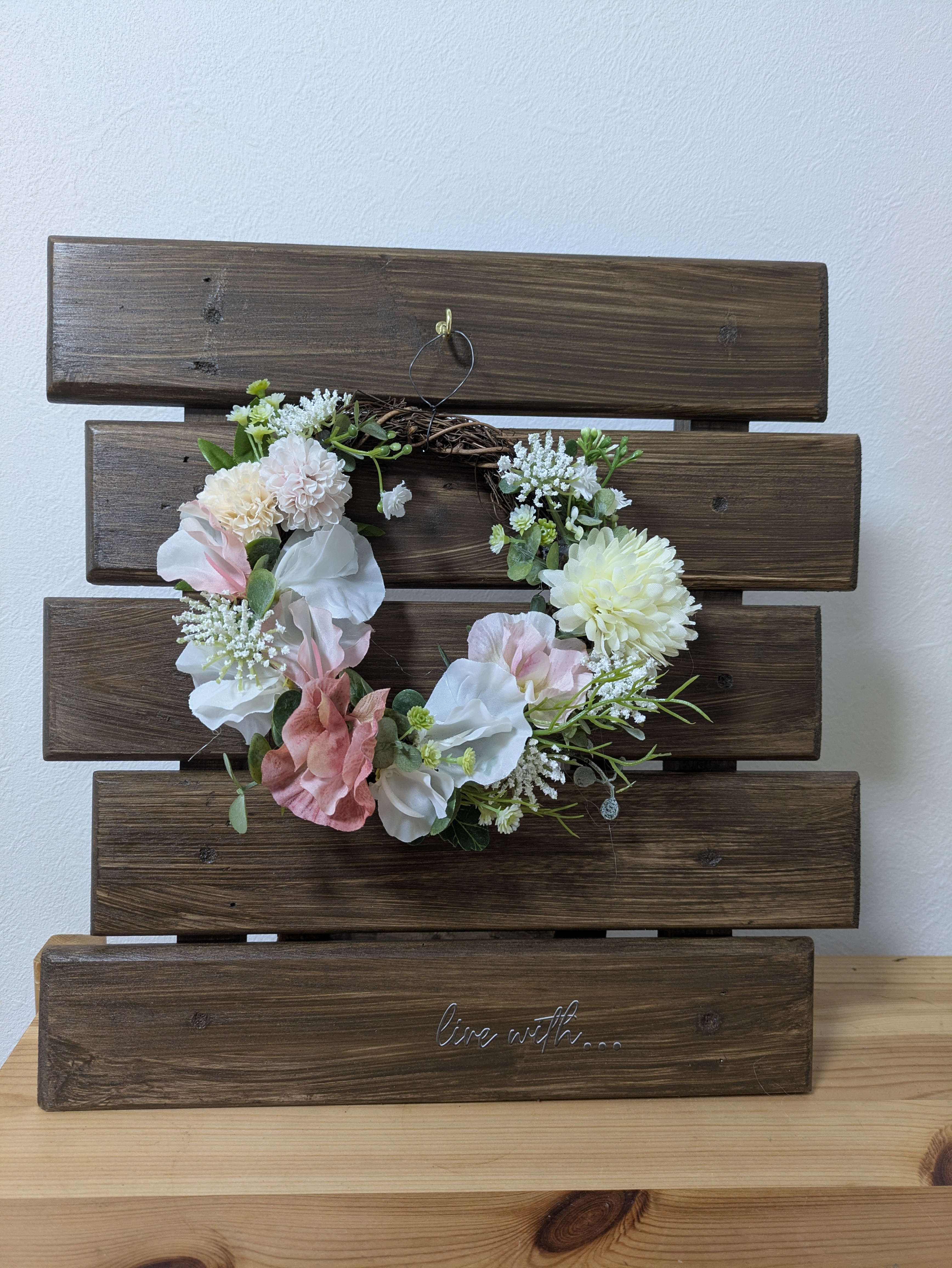 【春リース限定セット】スイートピーのナチュラルリース(15cm) × 木製スタンドセット｜ピンク 春インテリア ギフト