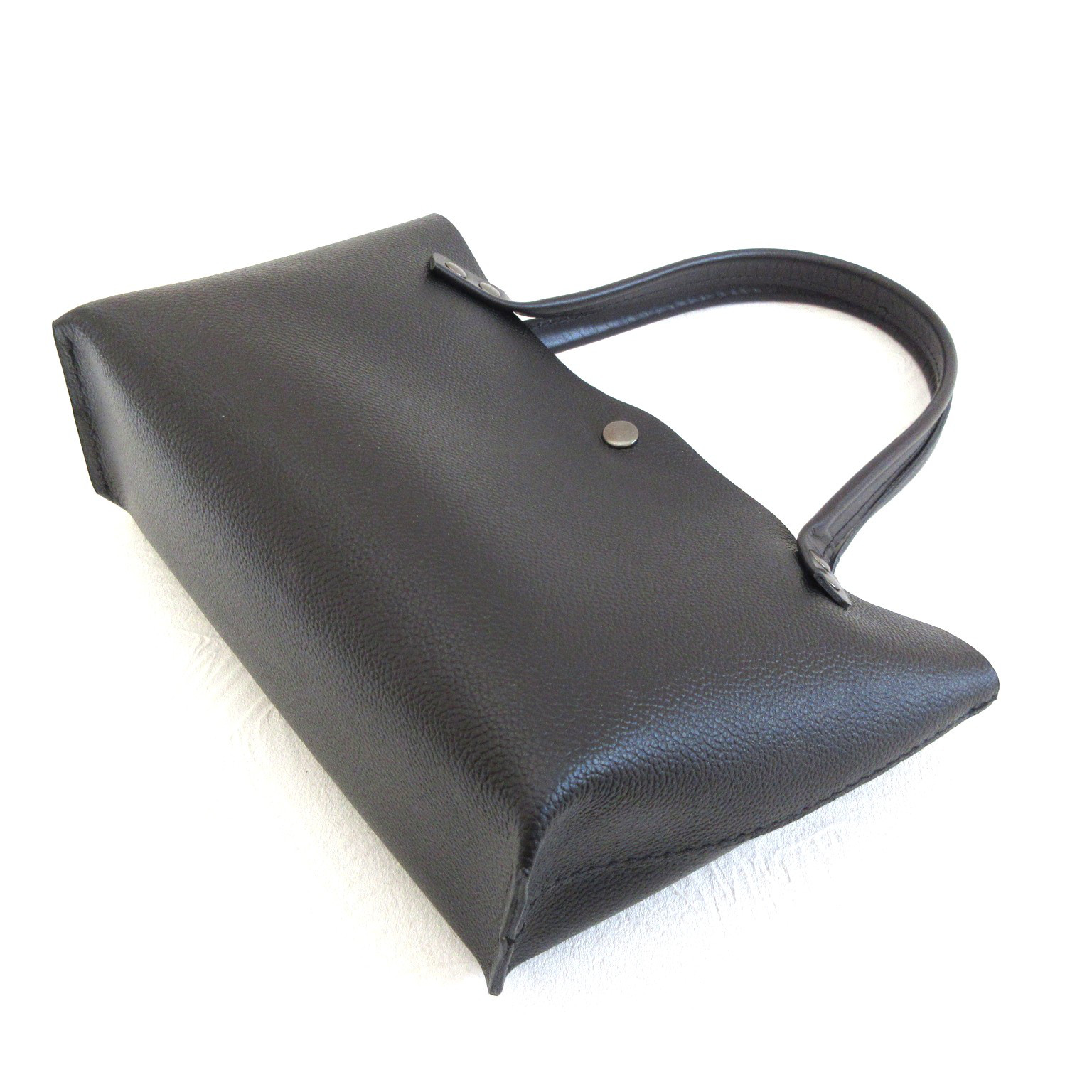 手縫い☆ショート丈＆ロングハンドル《牛革》底マチワイド・一枚革のミニトート・ブラック・0659・復刻