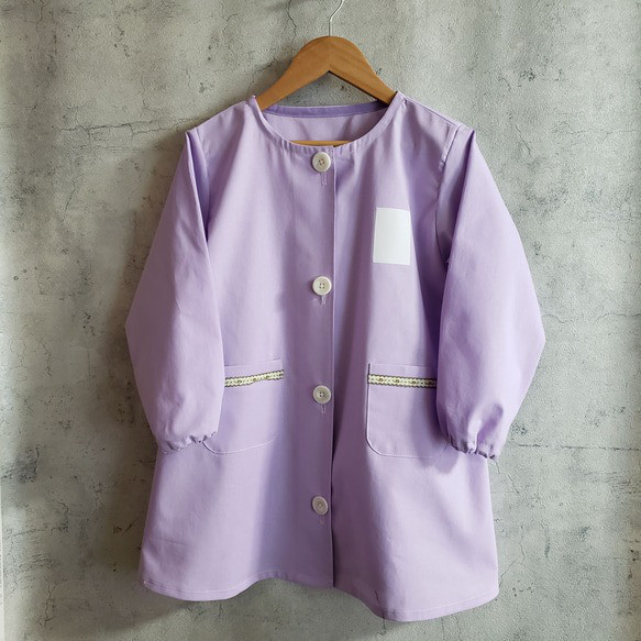 【80～160】リボンライン ②ブラウン  無地 シンプル パープル 前ボタン 長袖スモック 着丈延長可