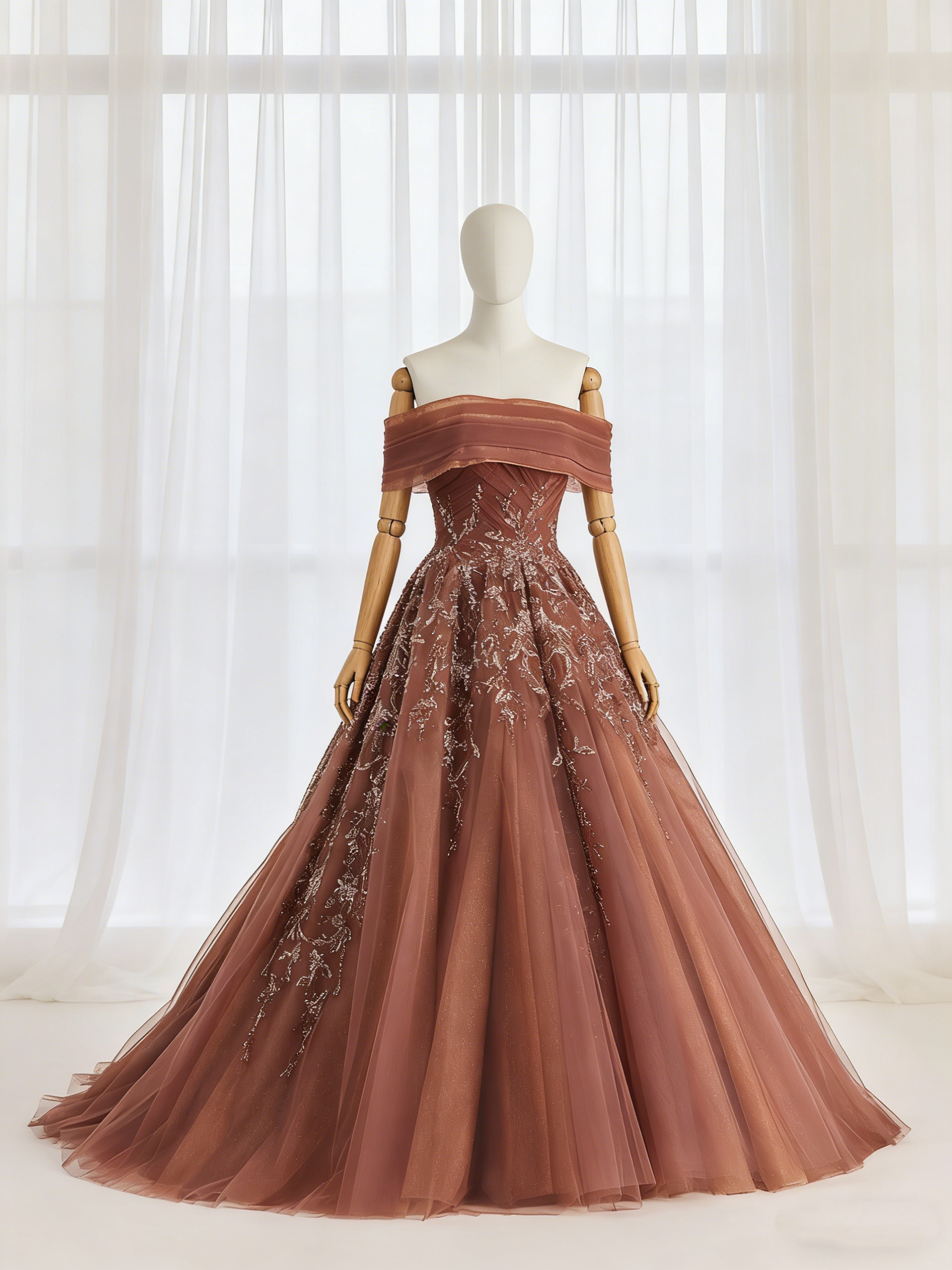 送料無料！カラードレス オフショルダー  テラコッタ色 リーフ刺繍 インポートビジューレース 柔らかく重ねたチュールスカ