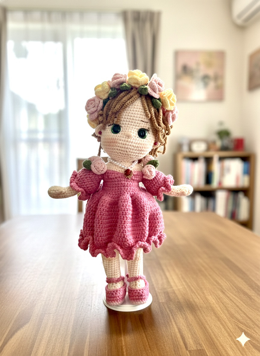 女の子のあみぐるみ|花柄ワンピース|癒しインテリア|可愛い| 【送料無料】珊瑚のピアスをしたバラがいっぱいの女の子