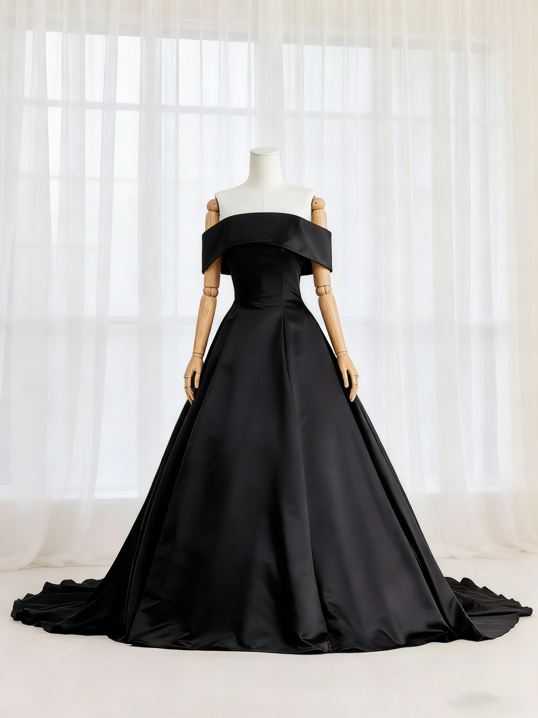 送料無料！パーティードレス ブラック 取り外し可能なオフショルダー 光沢サテン ファスナー スレンダーライン 前撮り
