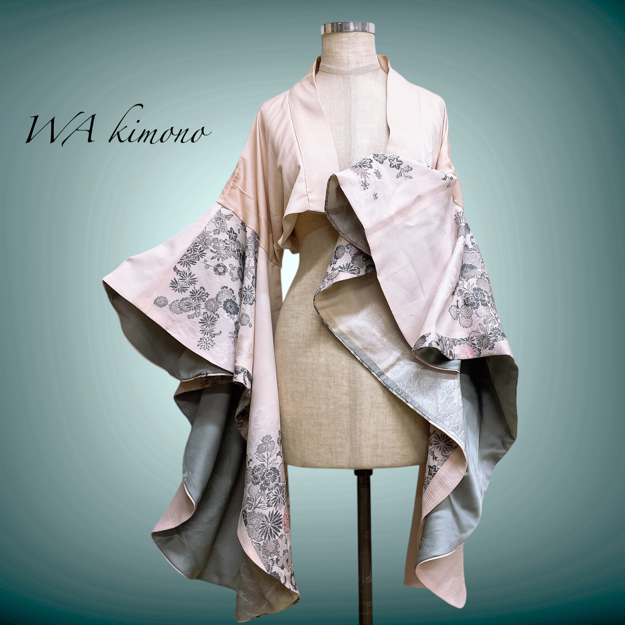 刺繍ピンク ドレープ袖 ミニ羽織 着物リメイク コスプレ 衣装 N80107