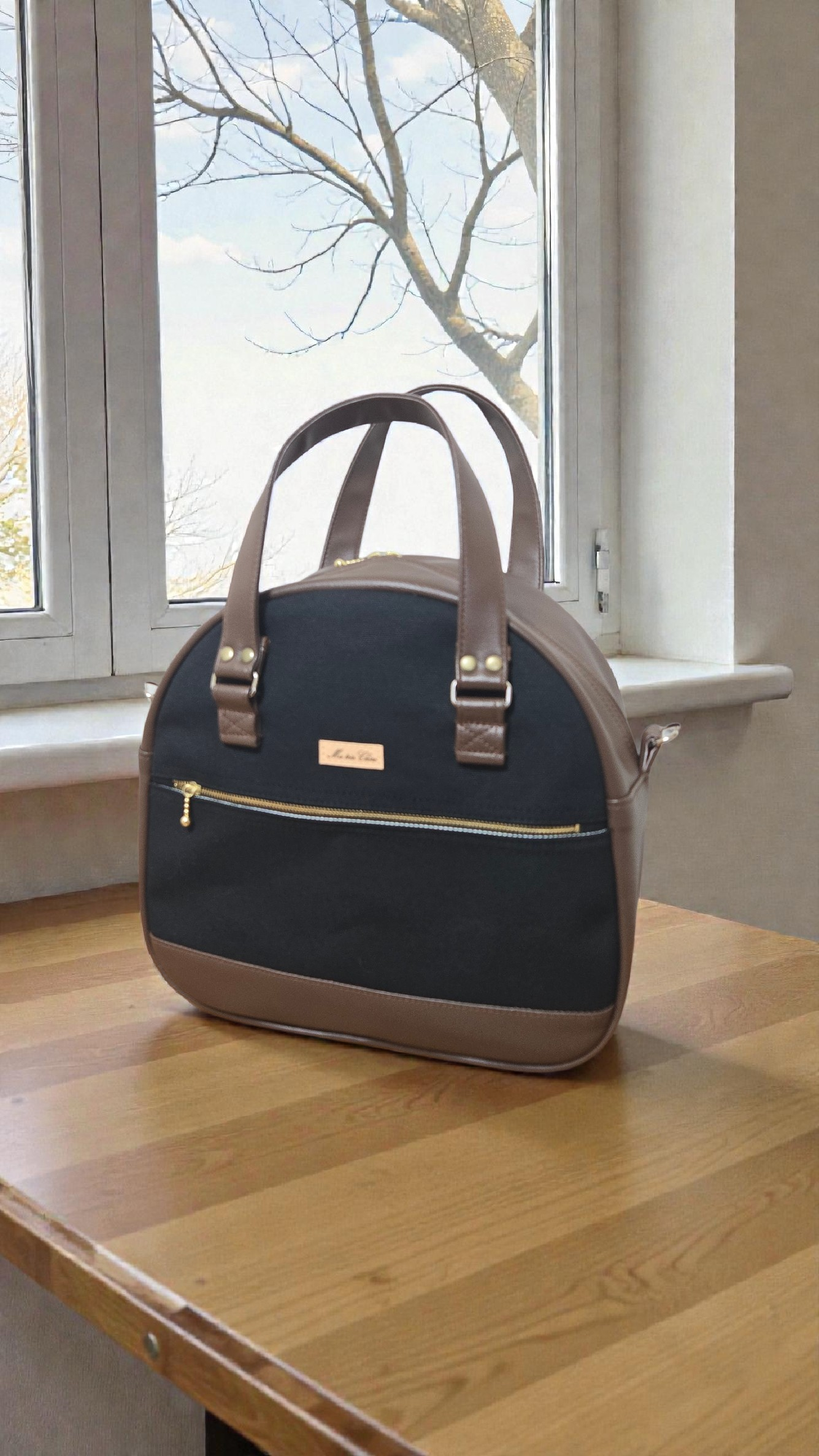 黒の帆布と焦げ茶PVCレザーのボストンバッグ(受注製作)