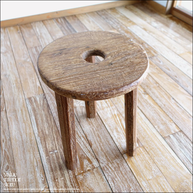 オールドチーク無垢材 プリミティブ丸スツール/03 椅子 花台 古材スツール ナチュラル カフェチェア 無垢材家具