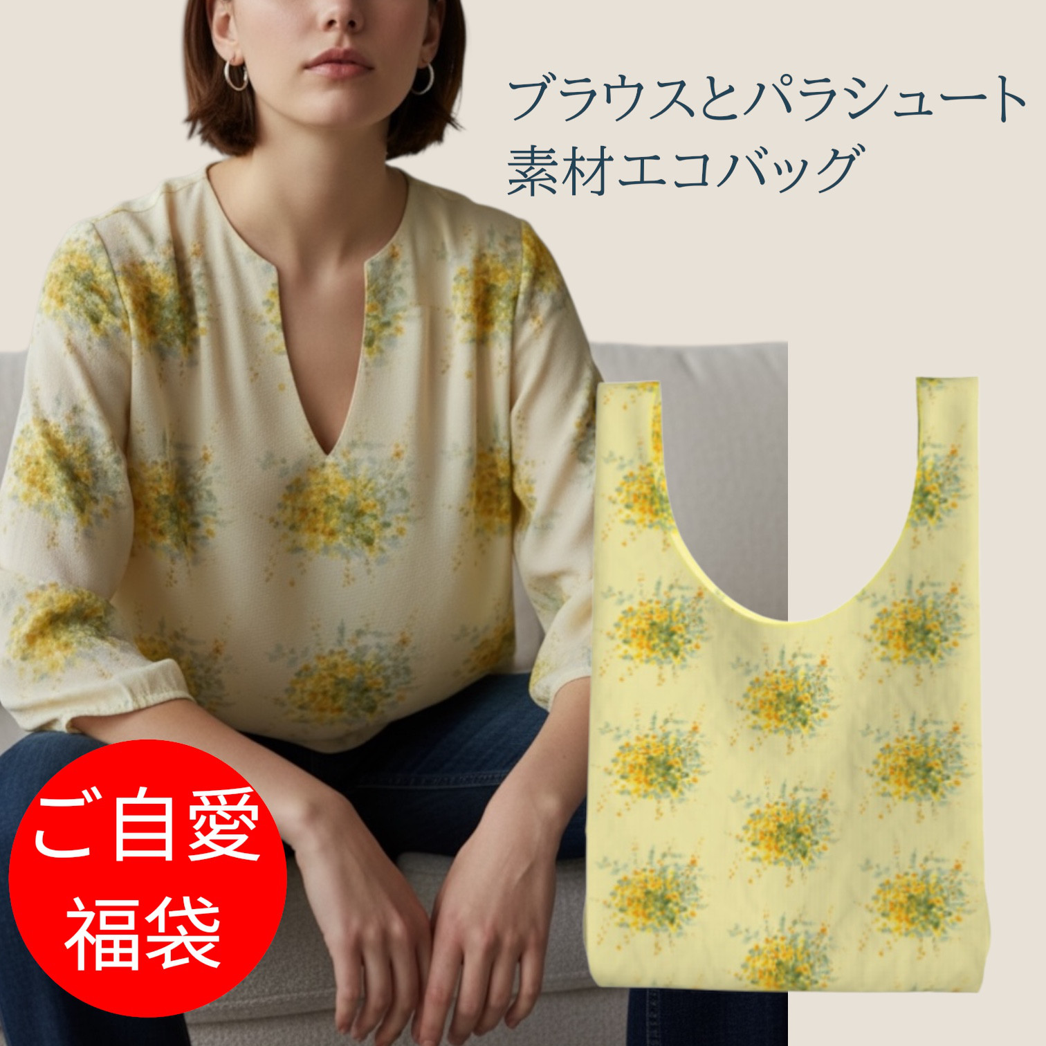 ご自愛福袋2026 XXS〜7XLミモザ　水彩フラワーブラウスとエコバッグ 21,754円