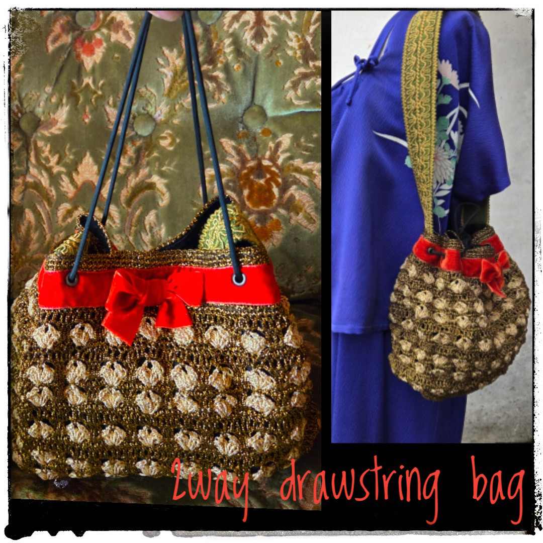 ※送料無料※キラキラ✨２ｗａｙ巾着バッグ※ゴールドのハートと赤いベルベットリボン※手編みバッグ※アンティーク風※高級感