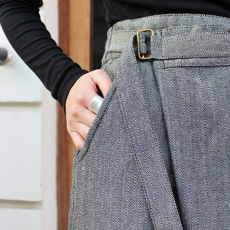 大人モード美脚パンツ◉ストレートラップパンツ　ヘリンボーングレー