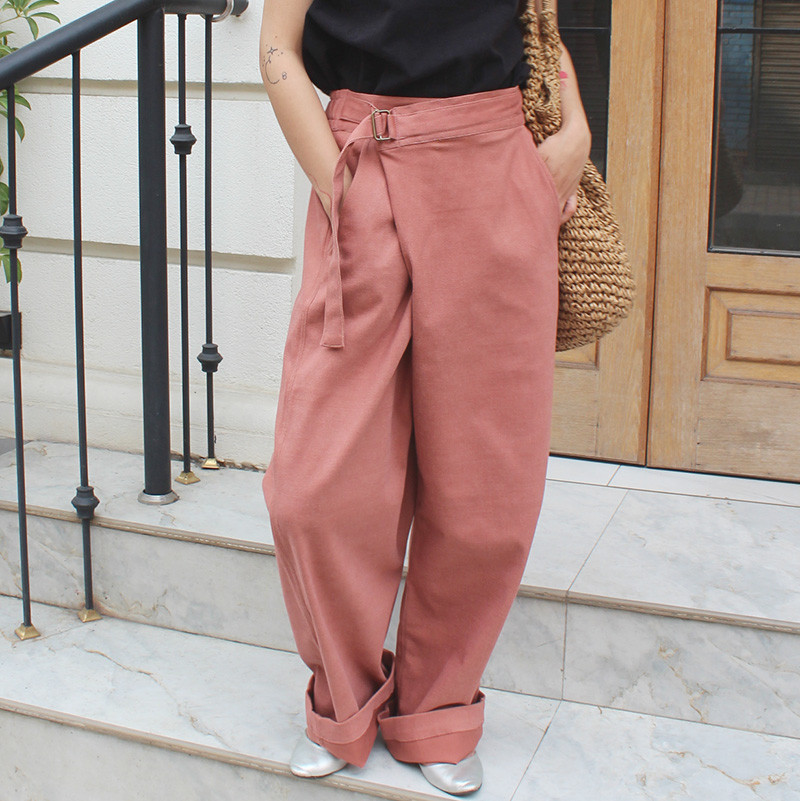 大人モード美脚パンツ◉ストレートラップパンツ　ヘリンボーングレー