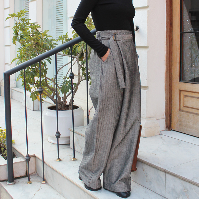 大人モード美脚パンツ◉ストレートラップパンツ　ヘリンボーングレー