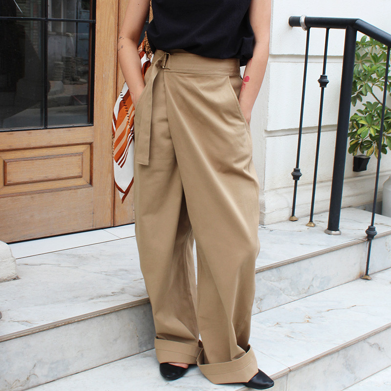 大人モード美脚パンツ◉ストレートラップパンツ　ヘリンボーングレー