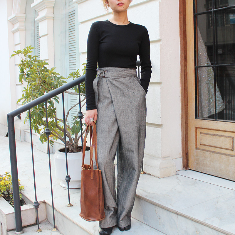 大人モード美脚パンツ◉ストレートラップパンツ　ヘリンボーングレー