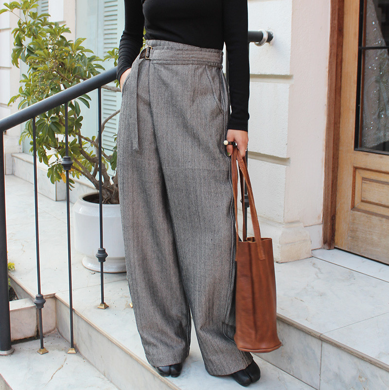 大人モード美脚パンツ◉ストレートラップパンツ　ヘリンボーングレー