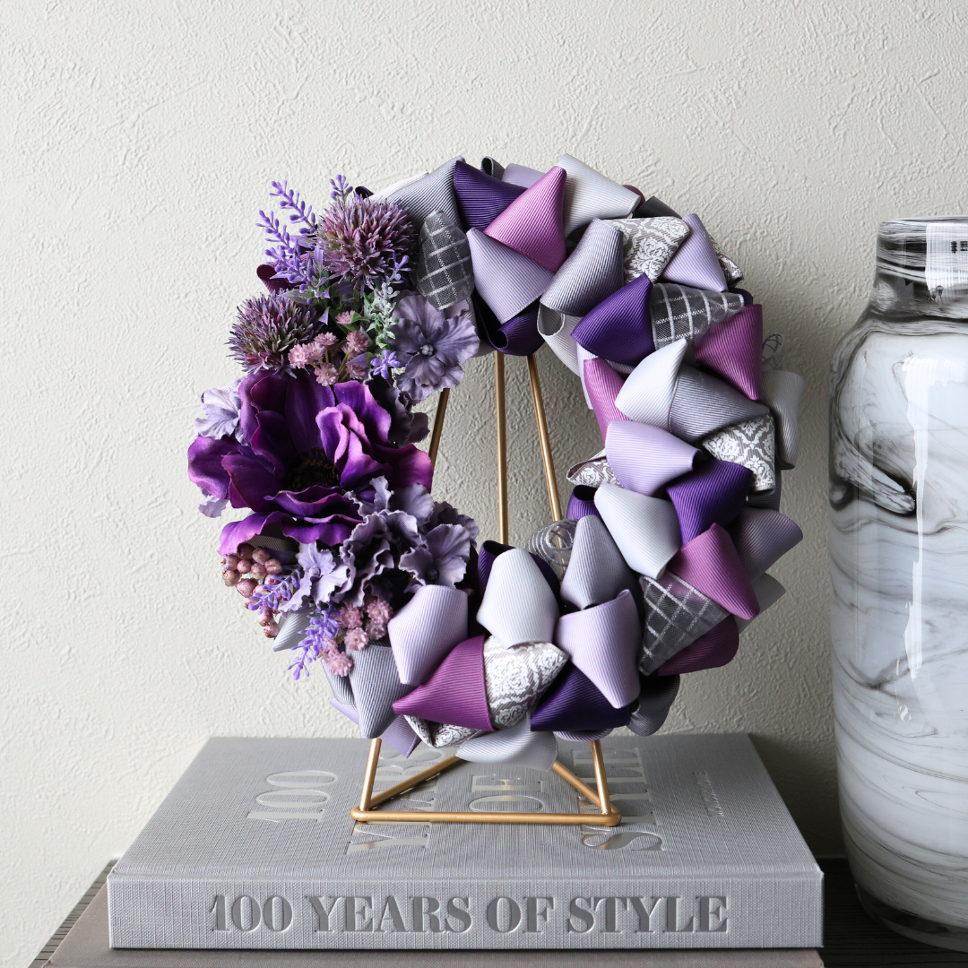 アネモネの春リース 【一点もの】大人シックなパープルミックス・リボンリース　春色　大人可愛い　紫　ニュアンスカラー