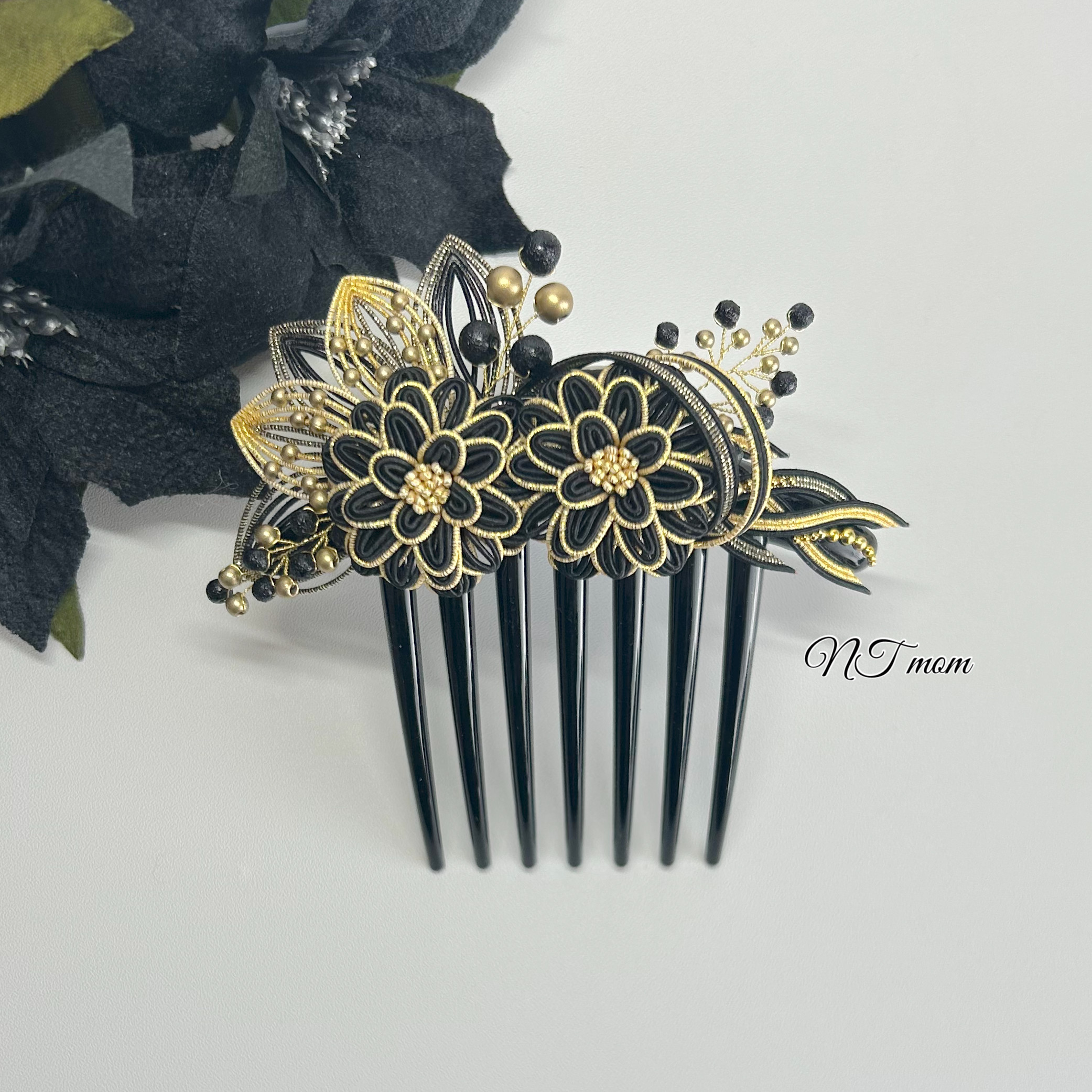 成人式卒業式結婚式・水引夜会巻きコーム・小華ニ輪・黒金