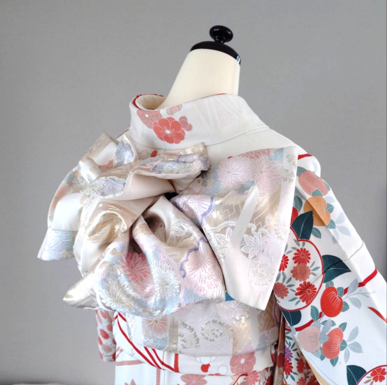 一部式　振袖用作り帯　雪輪に花　十三参りにも　作り帯付け帯　胴巻き～90㎝