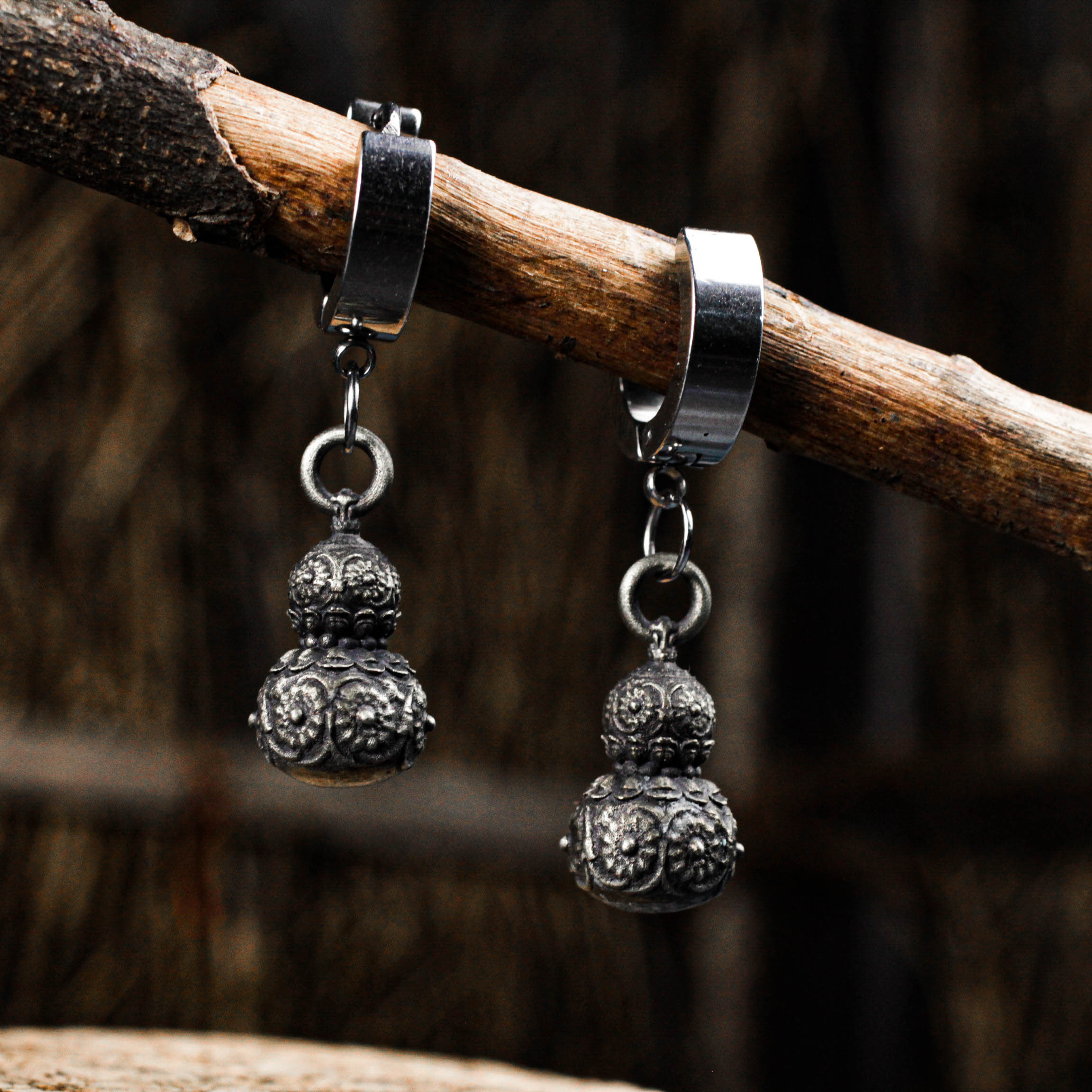 ヴィンテージひょうたん型イヤリング - 925シルバー製ハンドメイドゴシックオリエンタルスタイルイヤリング