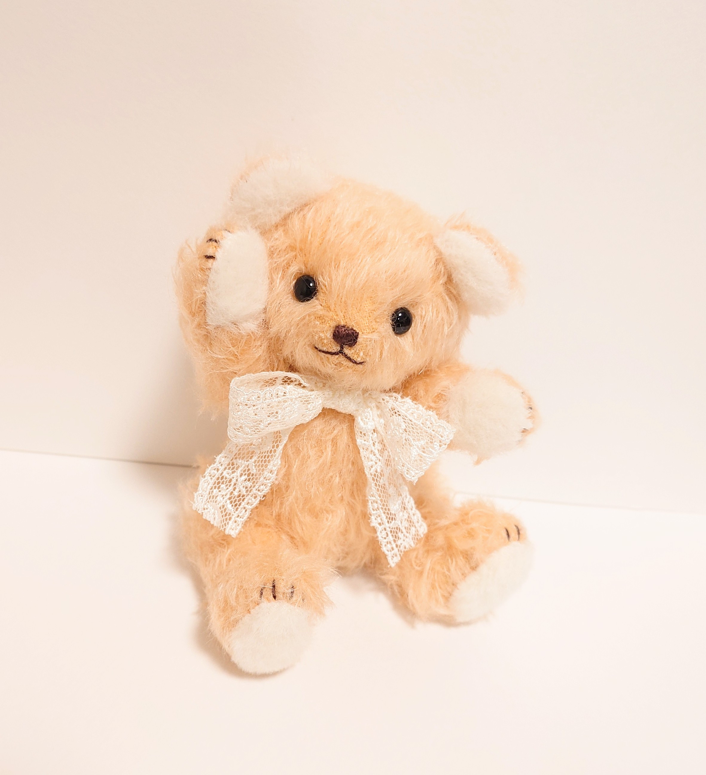 アプリコットモヘア×スノーホワイトアルパカ テディベア 17cm