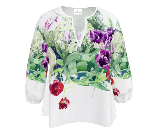 XXS～７XL　薔薇とチューリップのプリント柄の七分袖ゆったりめブラウス【秋春夏】