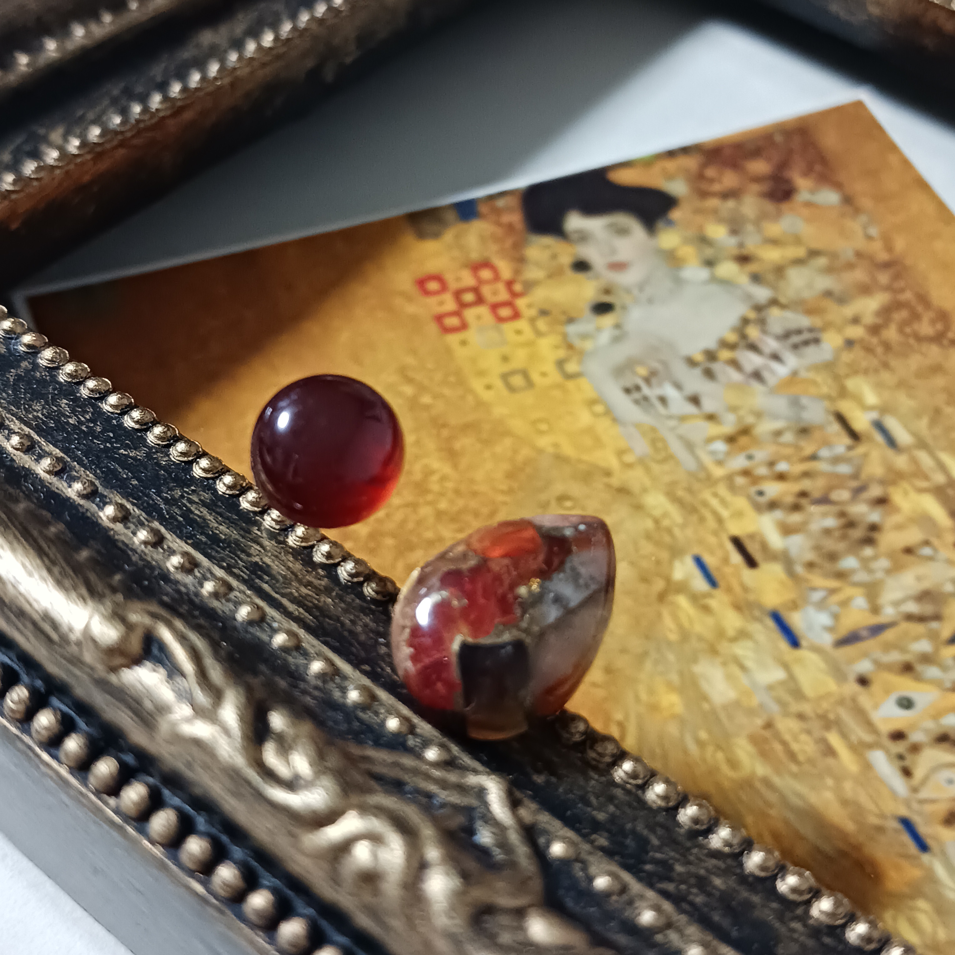 【黄金の夢】クリムト　オレンジ色　ファイヤーオパールコッパーとヘソナイトガーネットのフォークリング　絵画を纏う絵画リング