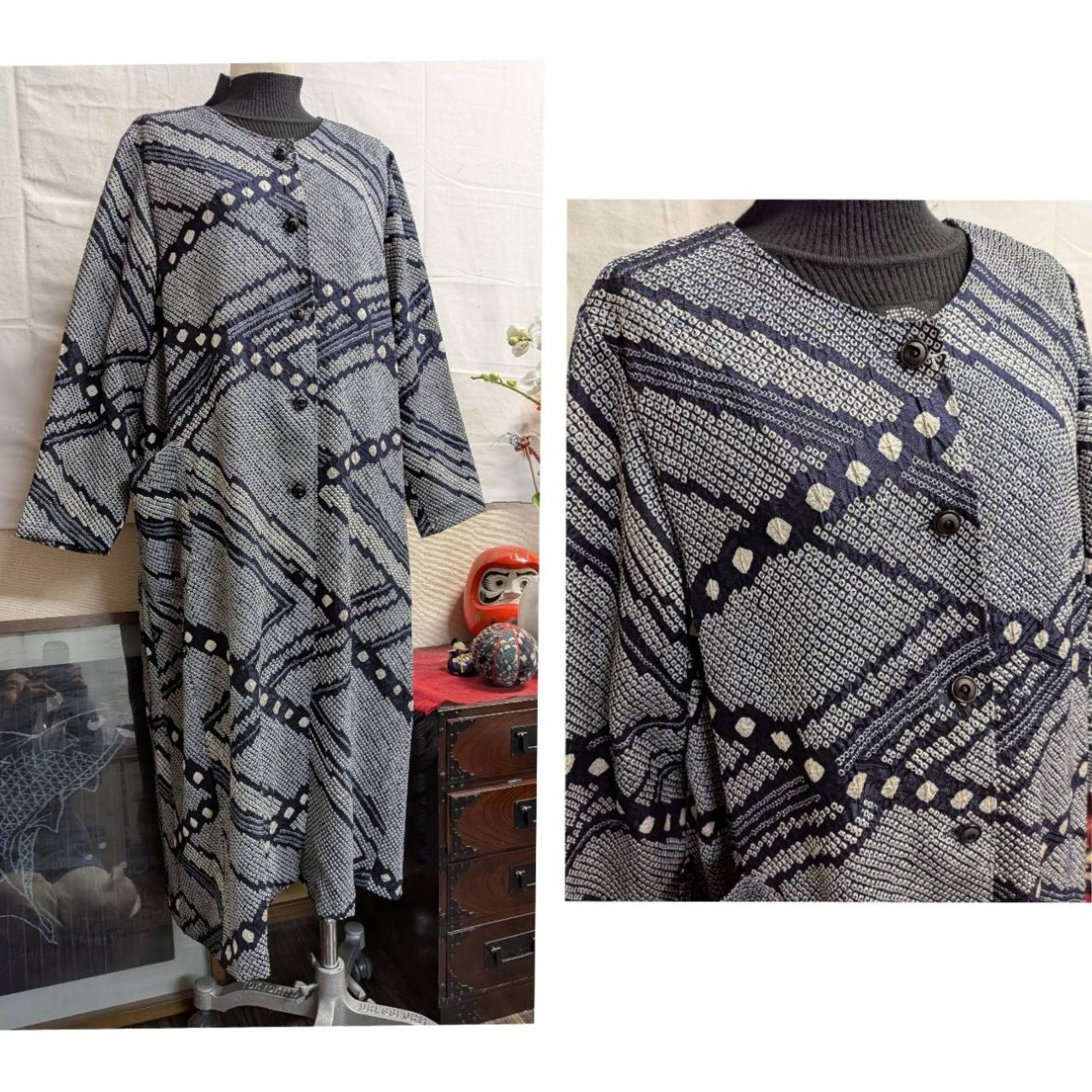 総絞りの前開きワンピースコート（ストール付き）（紺色）　着物リメイク