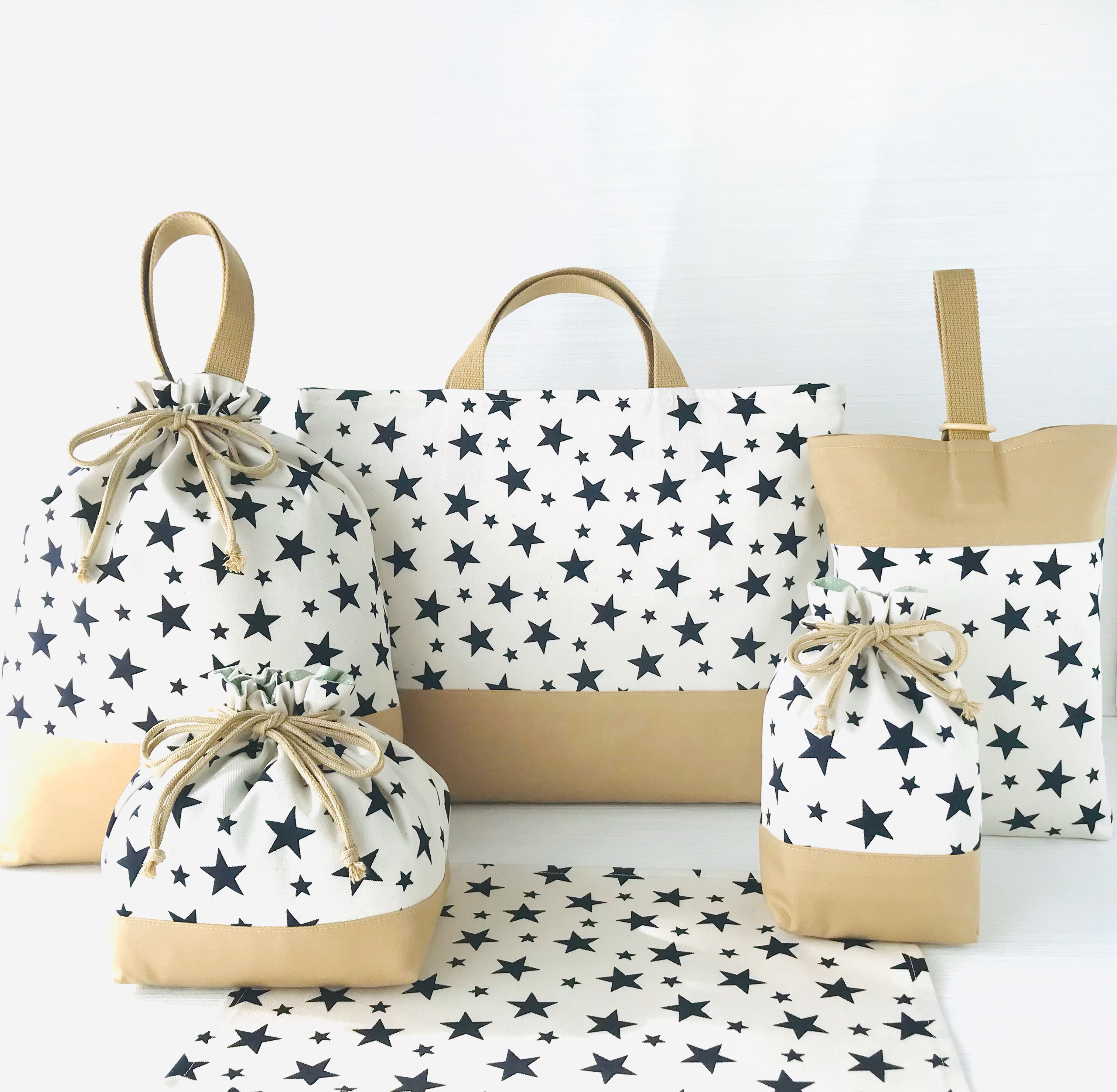 入園入学６点セット　長くきれいに使えるレッスンバッグ・上履き入れ　★星・生成り★