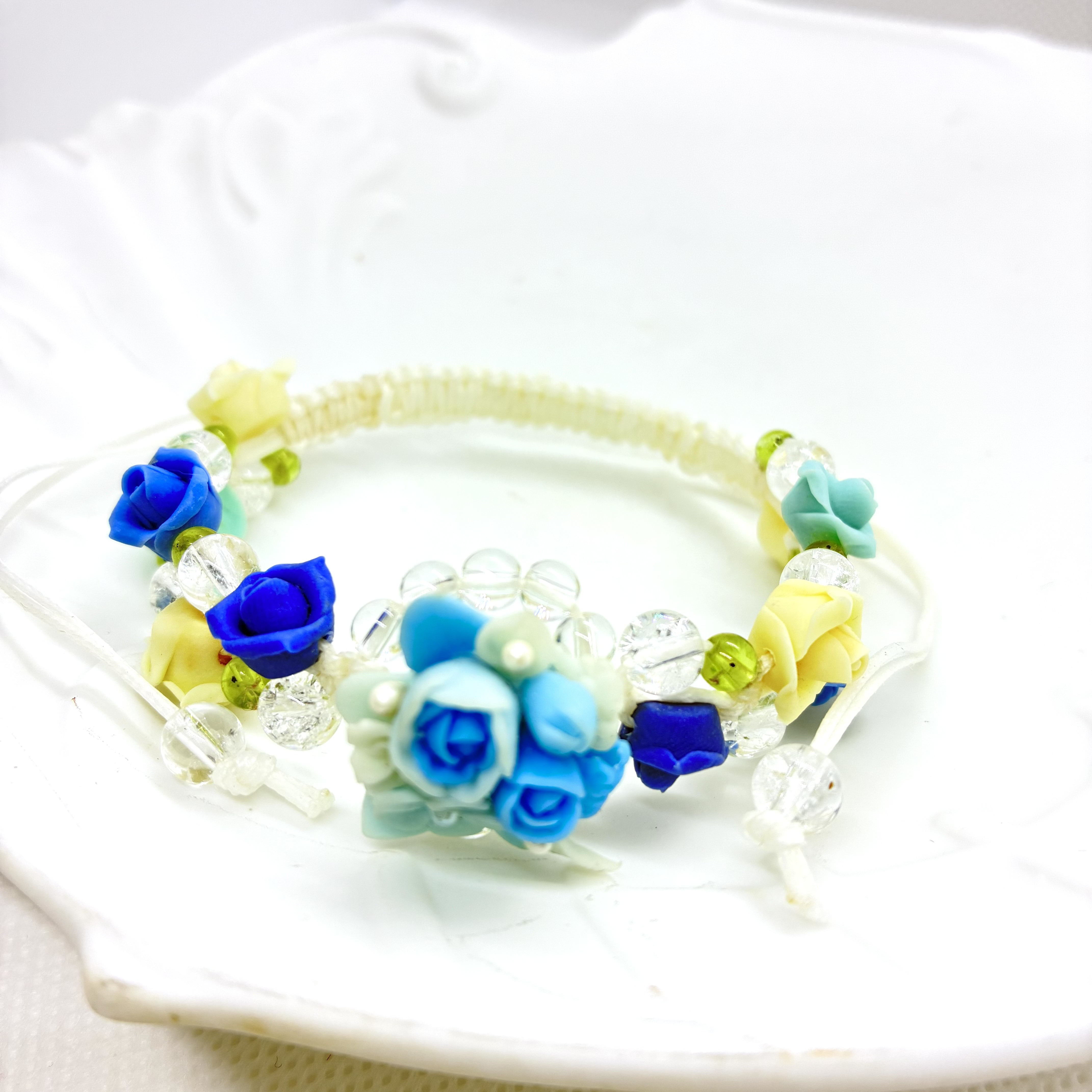 薔薇ブーケと天然石のローズガーデン編み込みブレス☆ブルー系