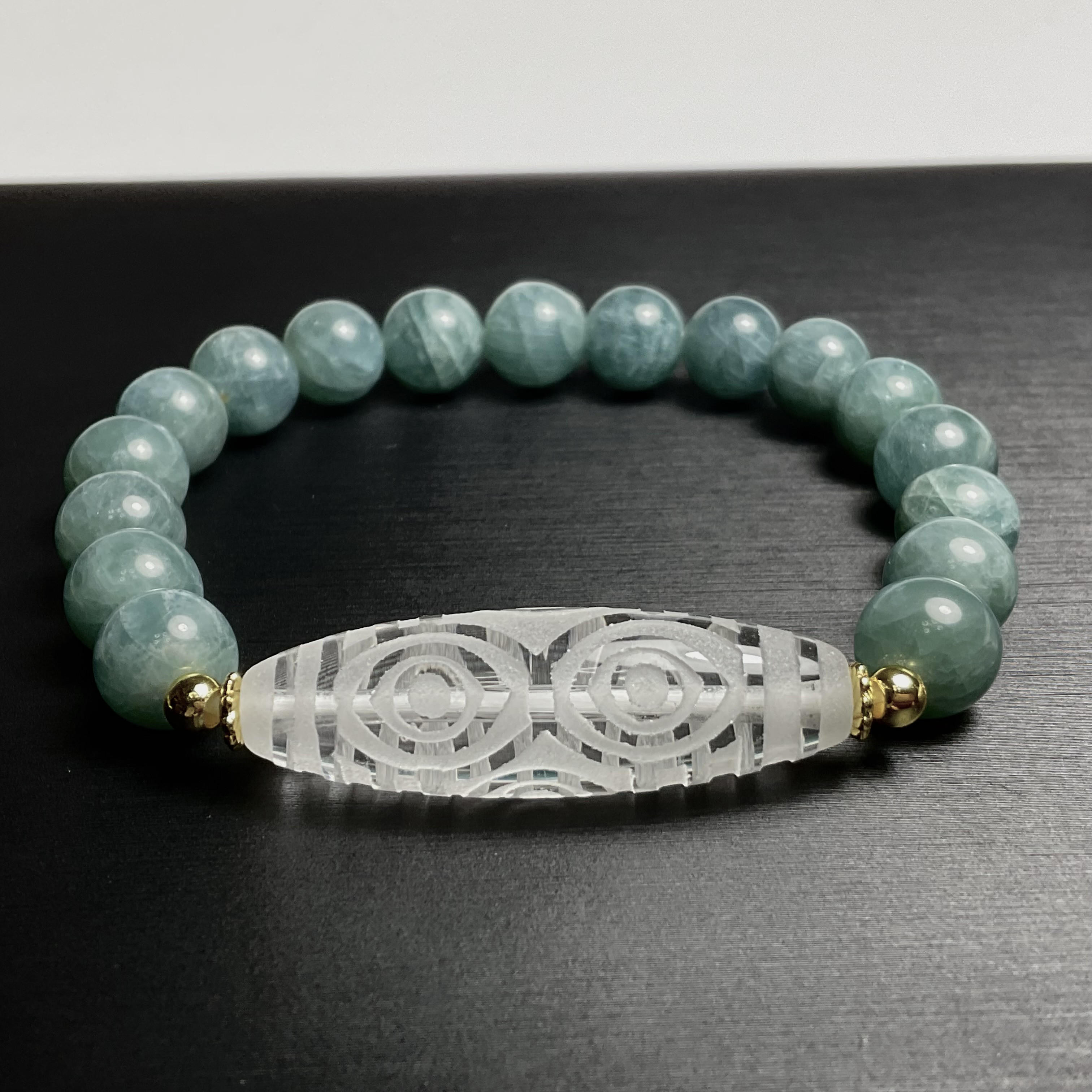 水晶天珠・龍眼天珠と9mm＊グリーンアパタイトのブレスレット❣️