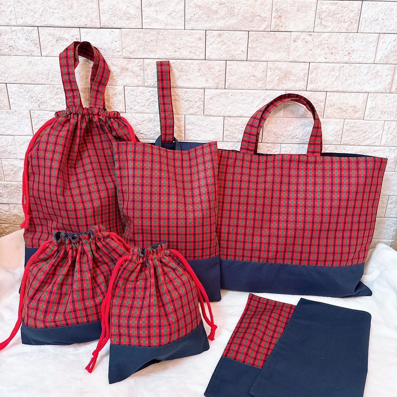 No.2 レッド×チェック⋆⸜ 入園入学グッズ６点セット⸝⋆給食袋/ランチマット/レッスンバッグ/シューズ袋/お着替え袋