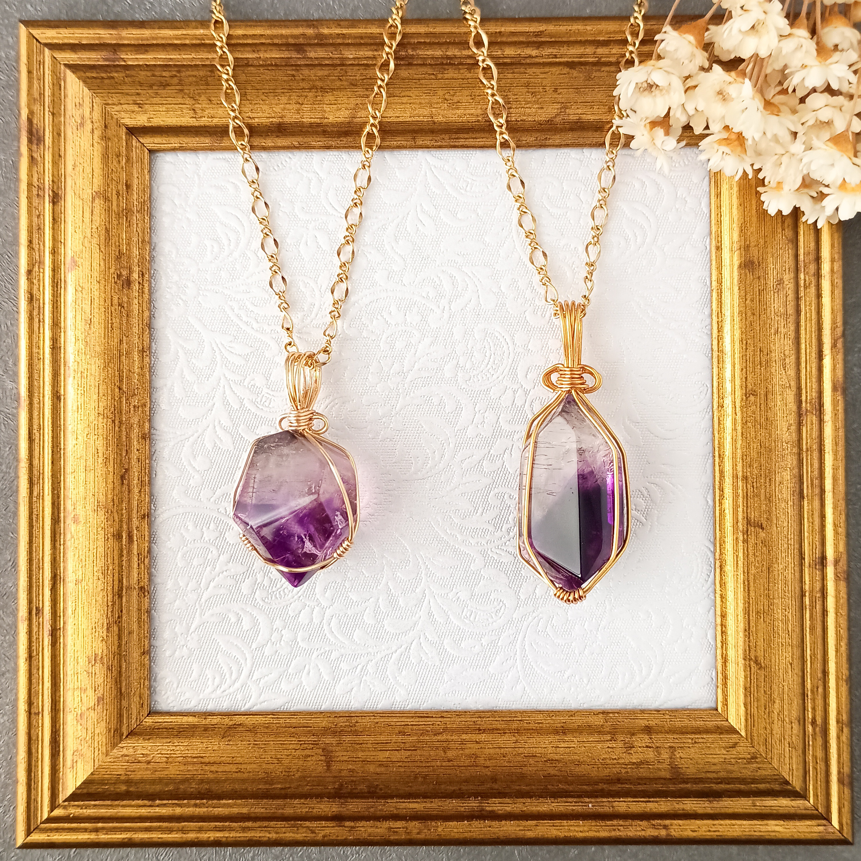2月誕生石インクルージョンアメジスト(紫霞/紫柱)ペンダントトップ✦ワイヤーラッピング