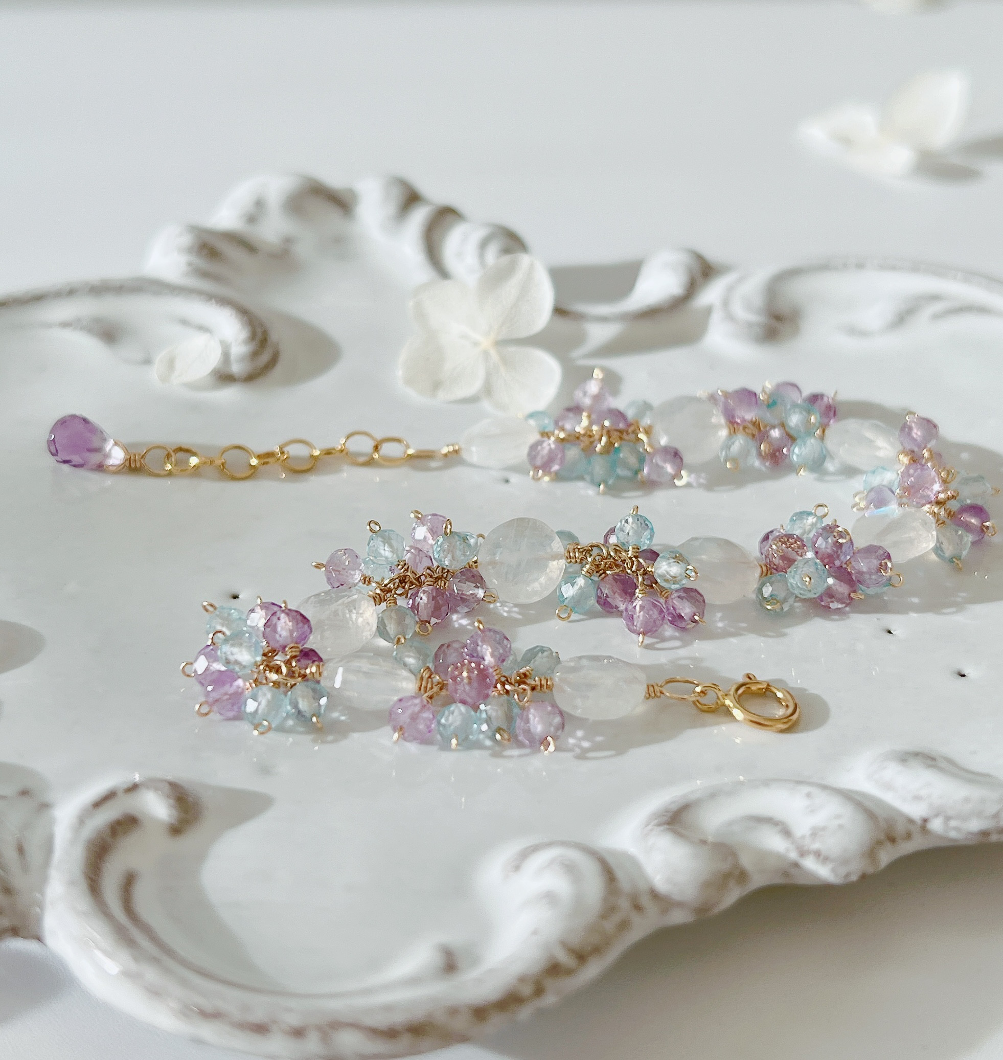 【14kgf】レインボームーンストーン×紫陽花カラー天然石＊ブレスレット