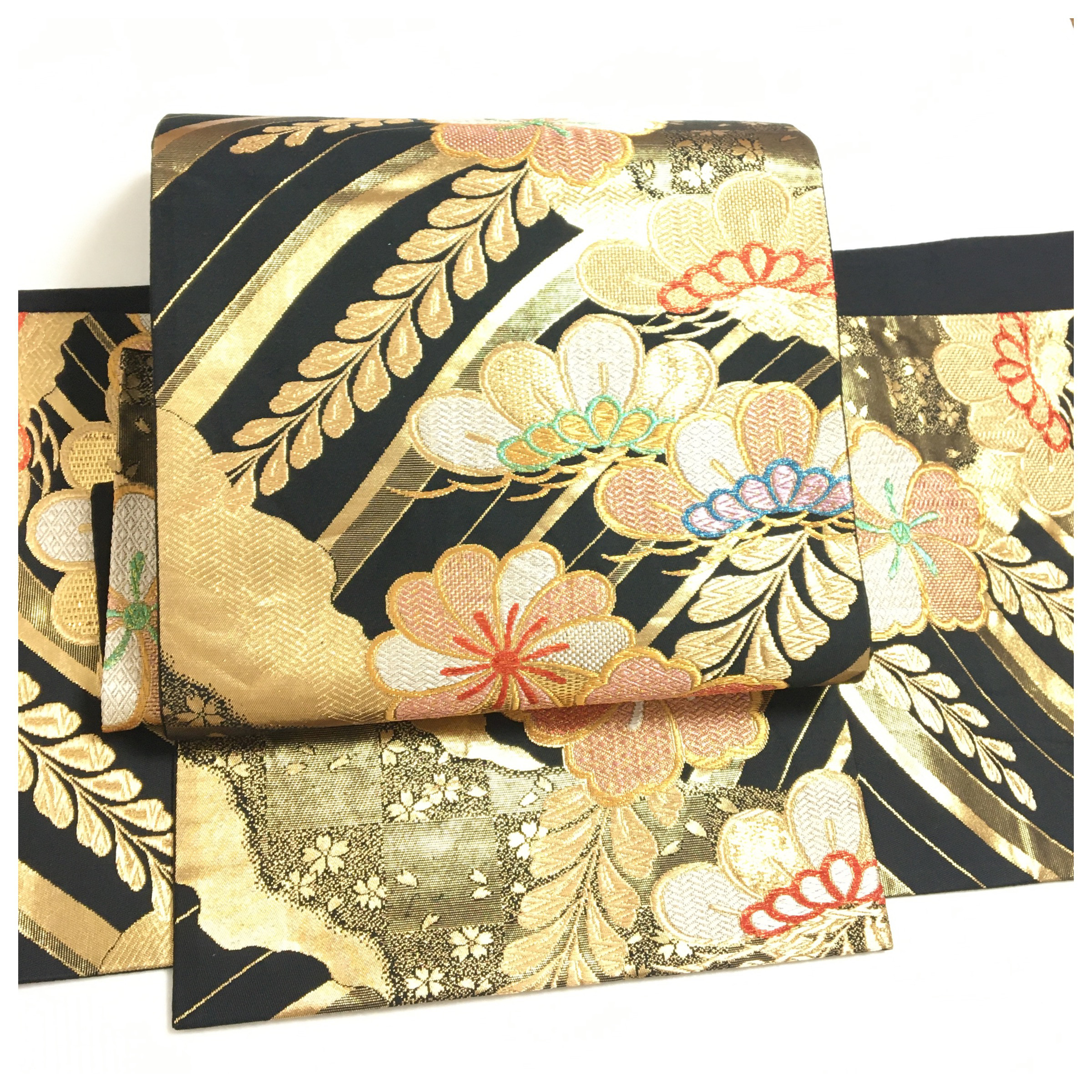 美品　正絹　付け帯　楽帯　黒地　松　ねじり梅　二部式　二重太鼓　作り帯