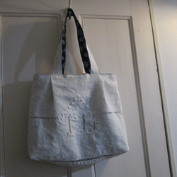 アンティークリネンパッチ巾着ポーチ;手刺繍レース、アンティーク