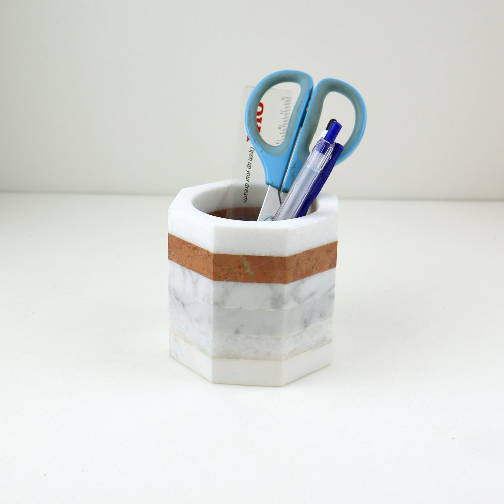 大理石のペンスタンド｜ホワイト・レッド　ペン立て　デスク