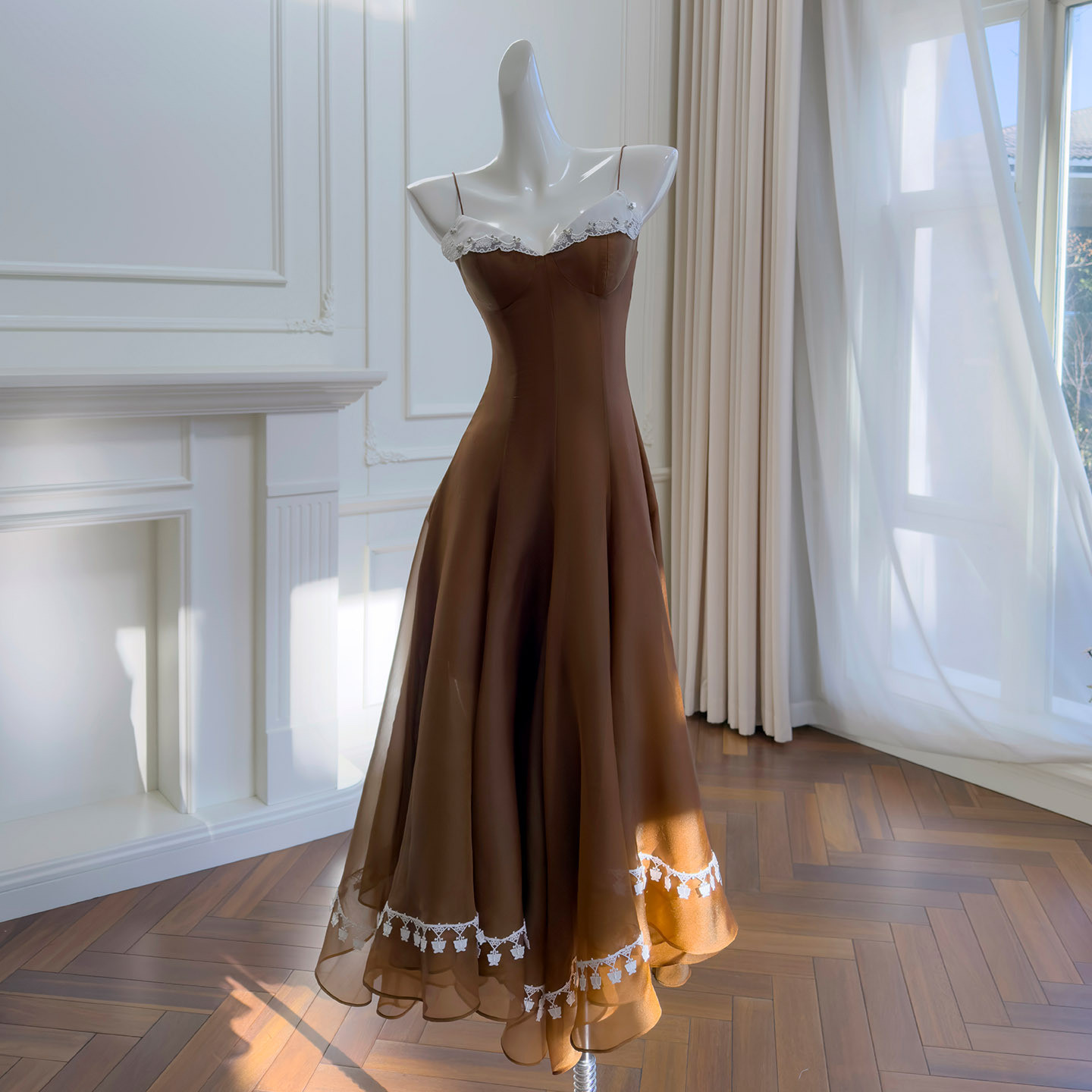 ブラウン キャミソール ウェディングドレス パーティー ワンピース 綺麗 ロング 韓国風 二次会 69575
