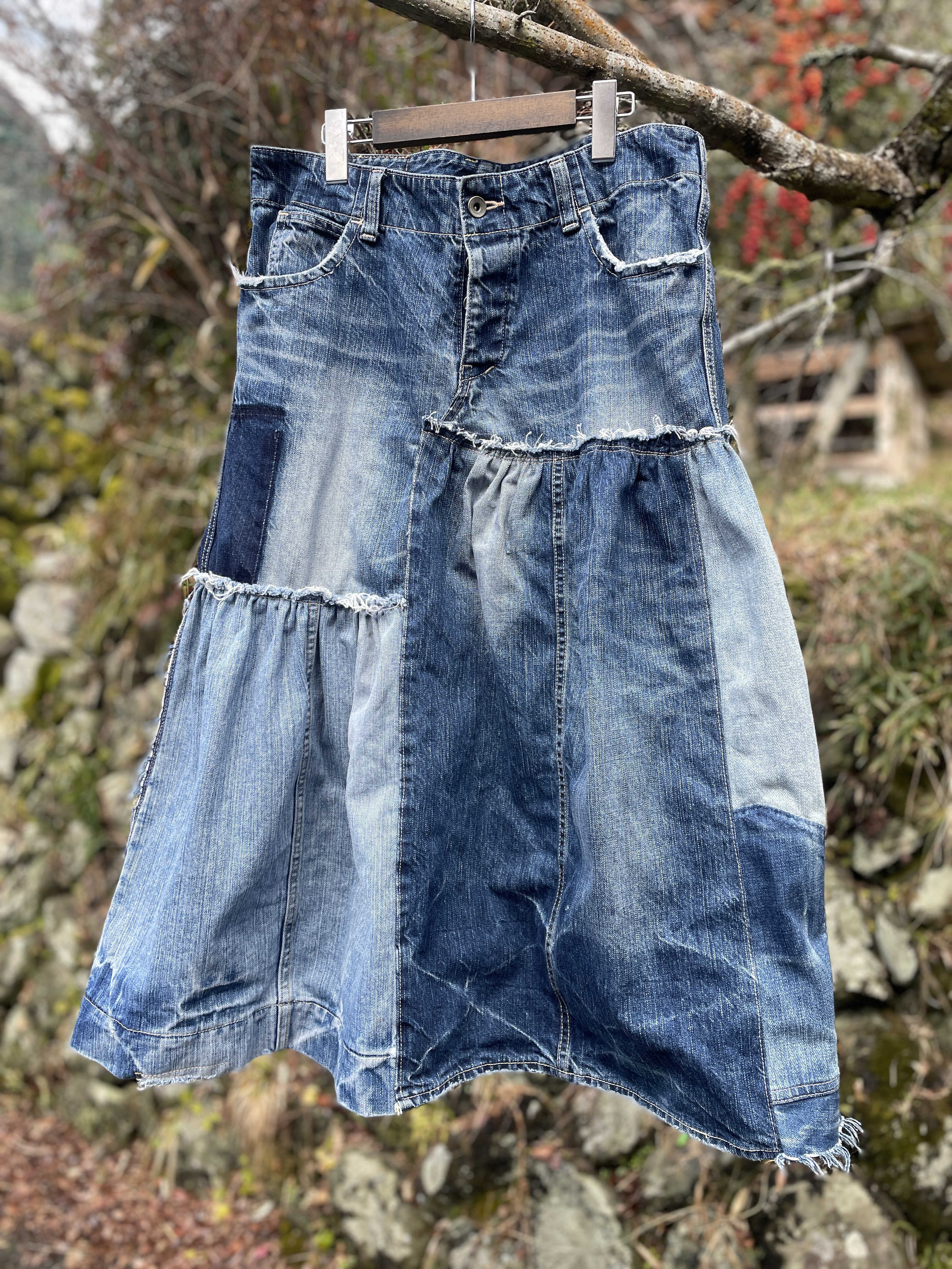 お洒落デニムリメイク大人可愛いパッチワークフレアロングスカートsk-0016