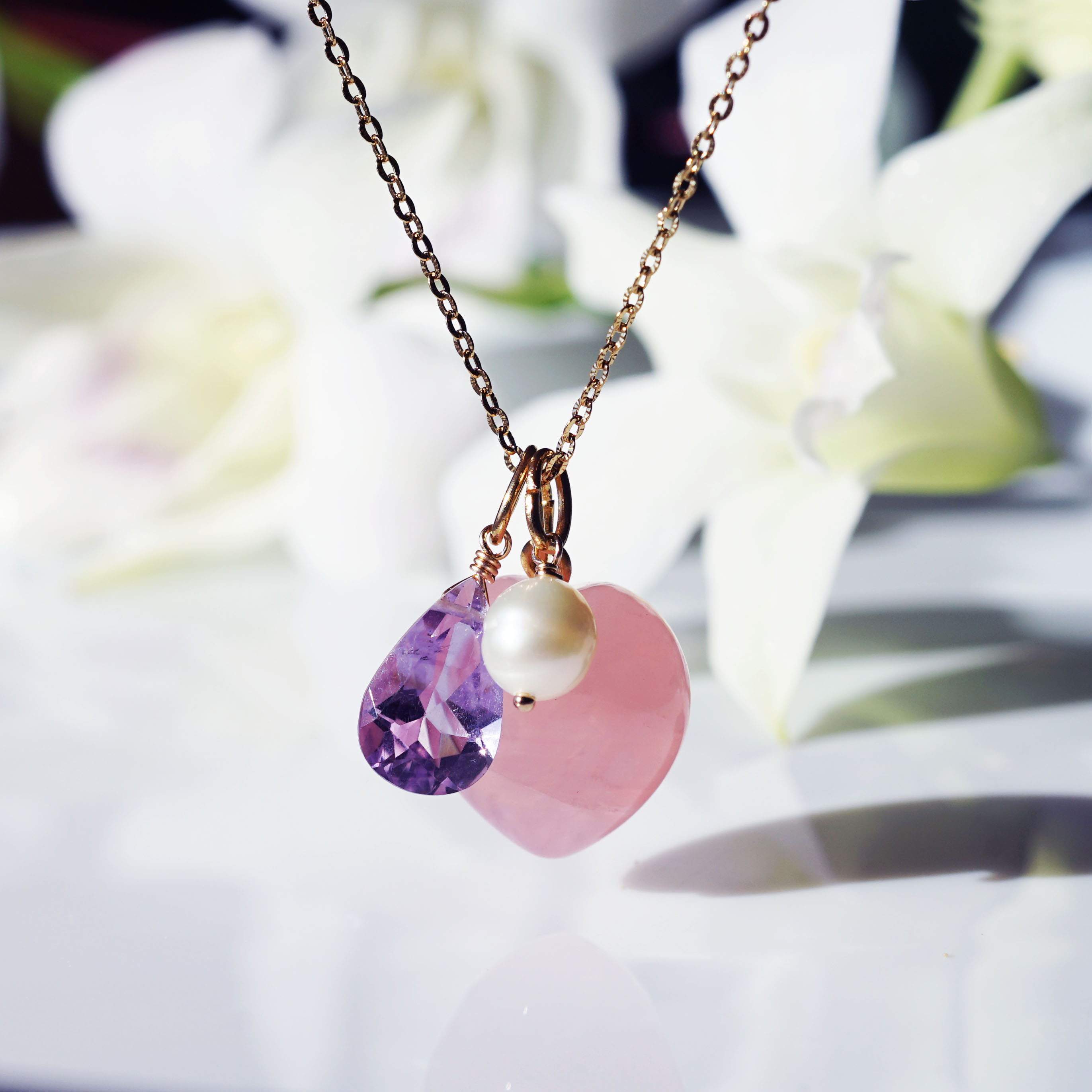 大粒ぷっくり★ハートローズクォーツとアメジストのネックレス・サージカルステンレススライドチェーン　～アフロディーテ