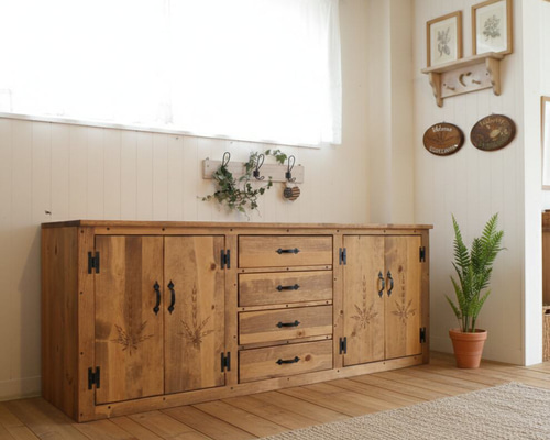アメリカンカントリー 1650sideboard 彫刻 麦穂彫刻 くり抜き 戸棚