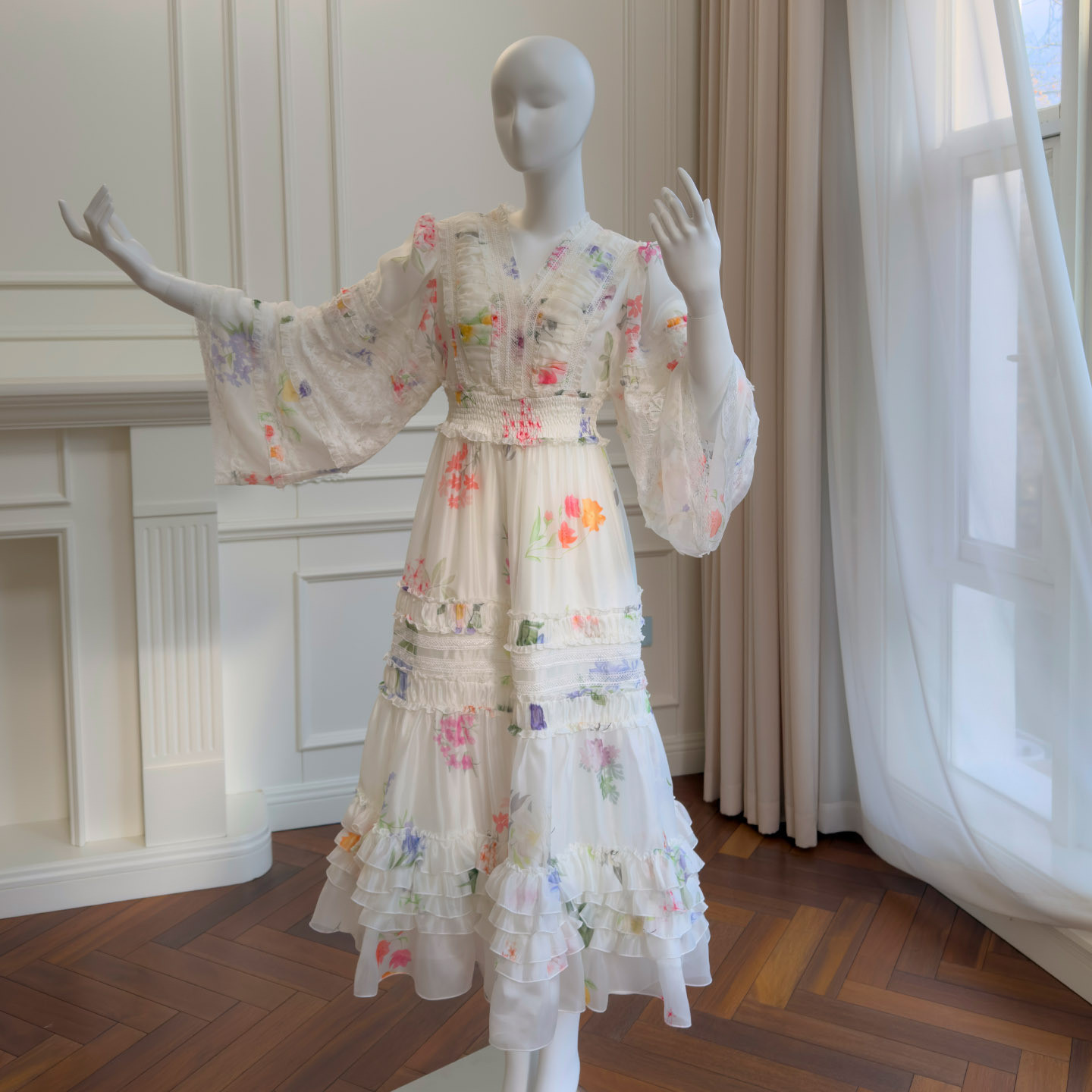 白 花柄 Vネック 長袖 ウェディングドレス パーティー 上品 ロング丈 優雅 Aライン 韓国風 二次会 68678