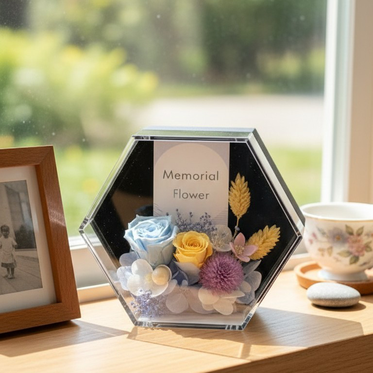 【お供え花】六角クリアケースのメモリアルフラワー｜高透明アクリル仕様 上質プリザーブド仏花 4,930円