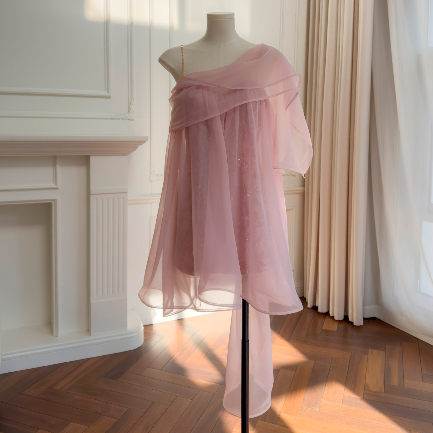 ピンク メッシュ 立体 刺繡 スパンコール ウェディングドレス パーティー 上品 ショート丈 韓国風 二次会 69541