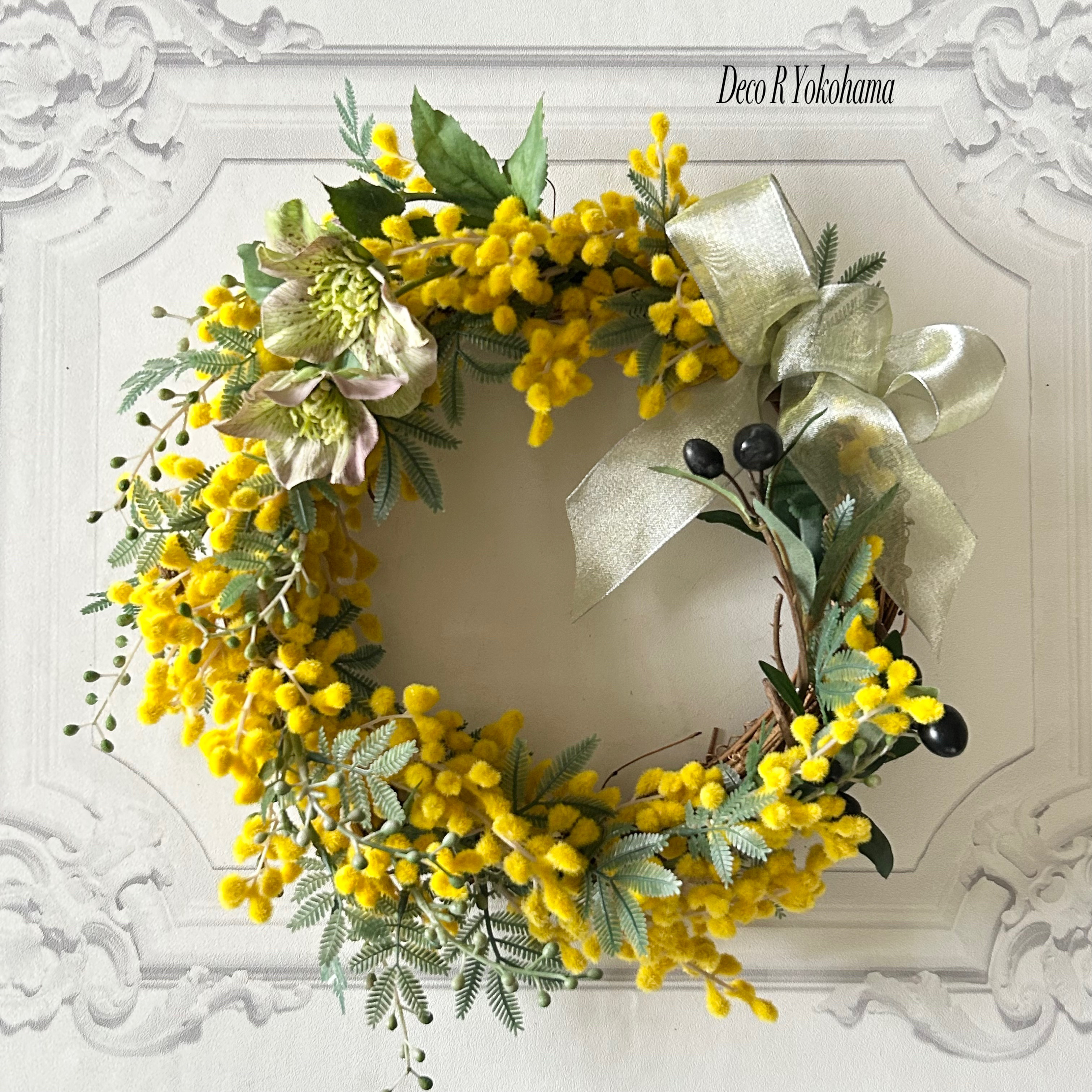 幸せを呼ぶ”ミモザのリース”花材は全てアーティフィシャルフラワー(造花) 水やりなどお手入れ要らず、フラワーギフトに
