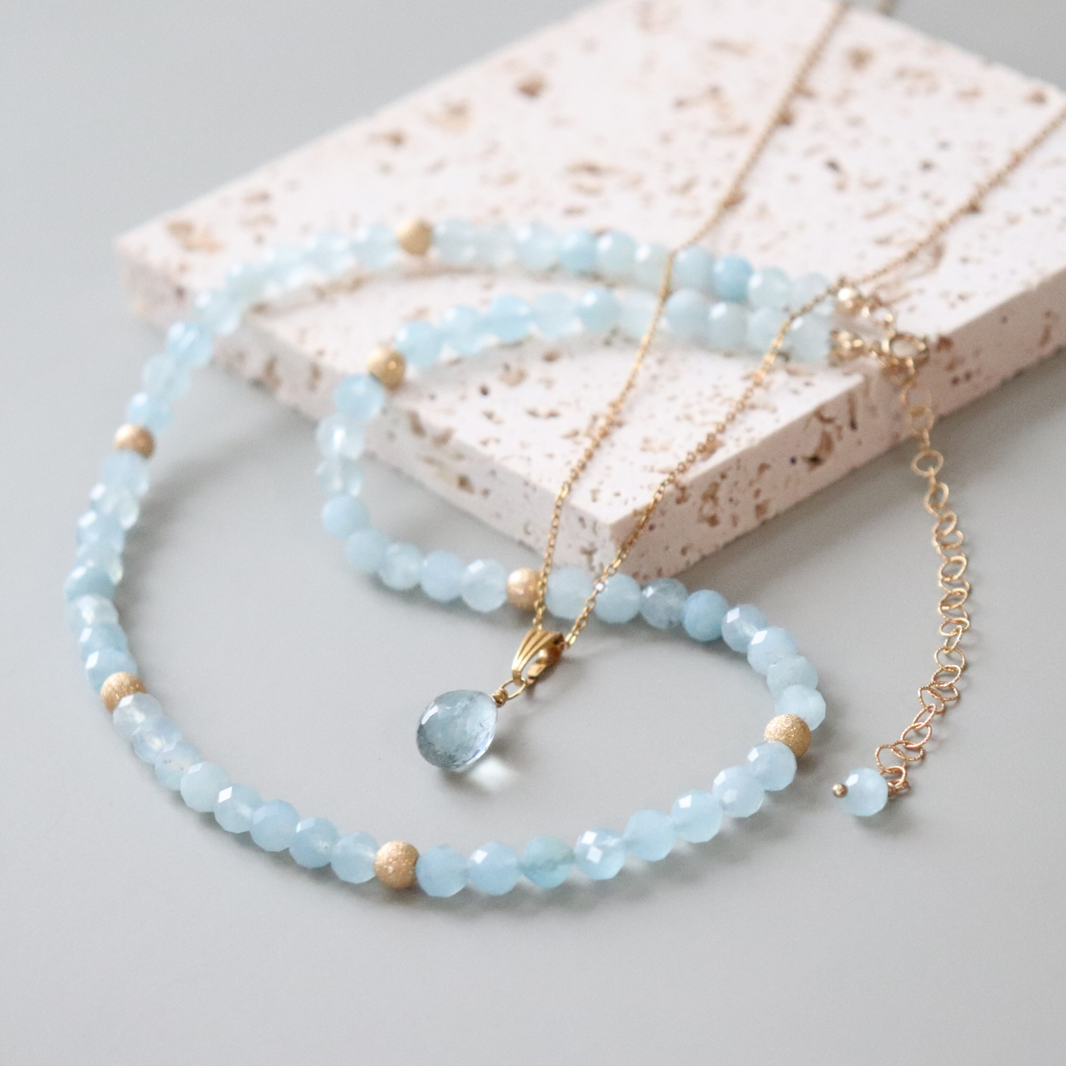 【アクアマリン】一粒石＆ビーズネックレス　セット　3WAY　3月誕生石　プレゼント