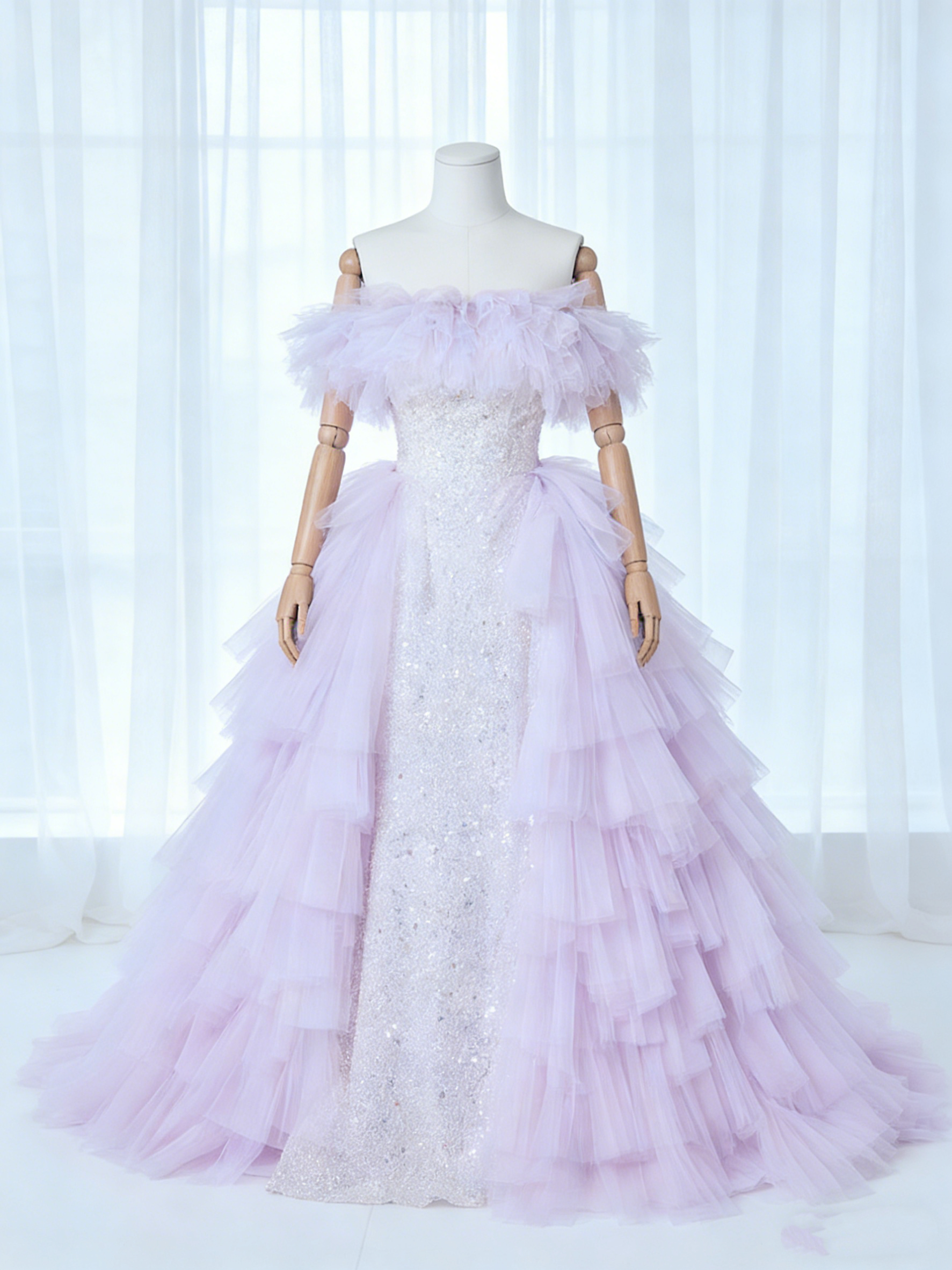 送料無料！カラードレス オフショルダー パープル もこもこドレス キラキラドレス インポートビジューレース 花嫁